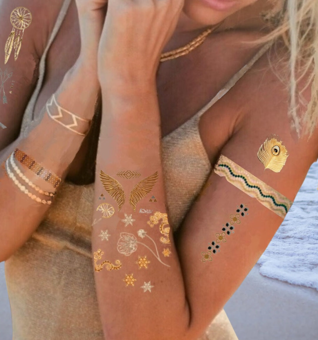 Flash Tattoos Metallic Set Temporäre Klebetattoos, Gold Aufkleber (6xXL.Bögen)Damen, Wasserdicht, Festival Tattoos für Arme Beine. Cosmintra®