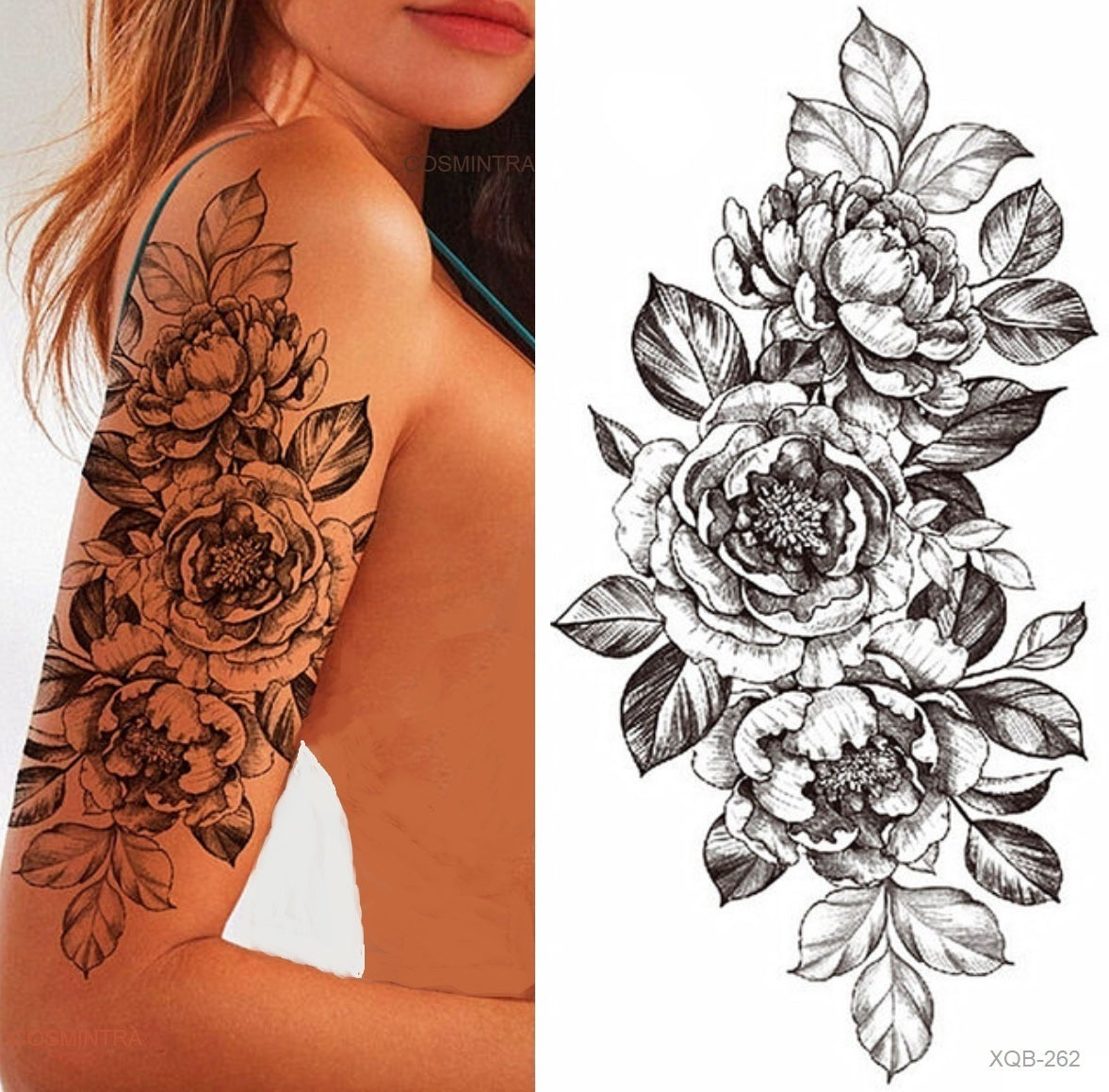 Klebetattoo Blume schwarz auf Oberarm Frau