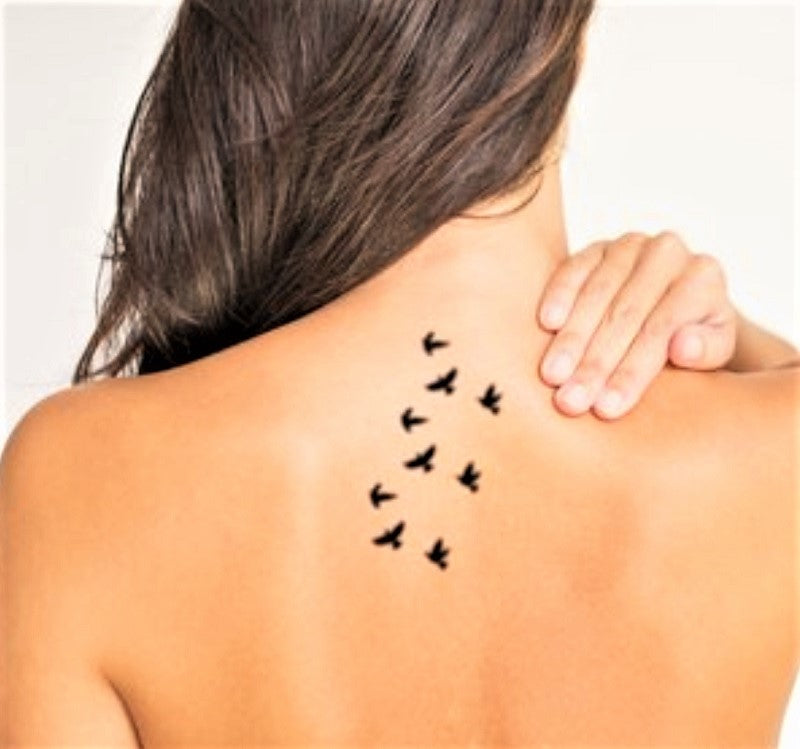 Temporäre Tattoos schwarze Vögel  auf Frauenrücken auf weissen Hintergrund