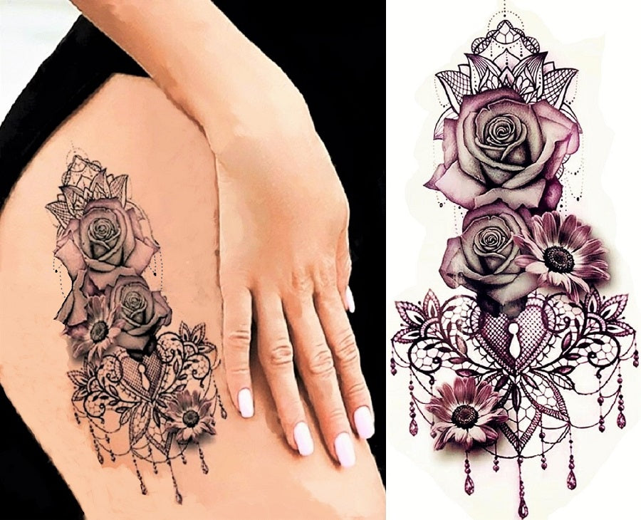 Temporäres tattoo Rose auf Frauenoberschenkel